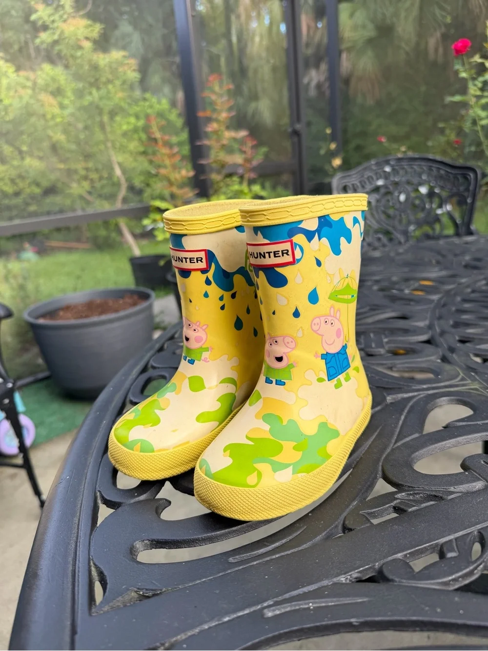 Hunter Yellow Kids Rain Boots with Peppa Pig and Green Splash